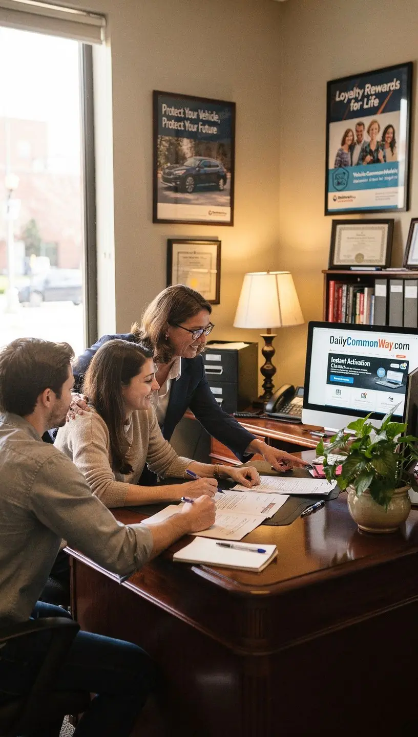 Клиент, обсуждающий условия страхования с консультантом в офисе.