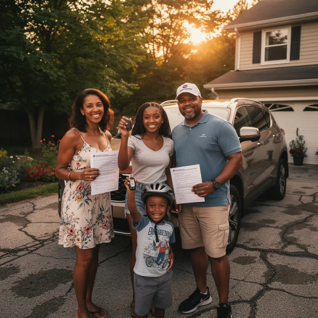 Страховой полис, защищающий автомобиль от различных рисков, с изображением счастливой семьи рядом с машиной.